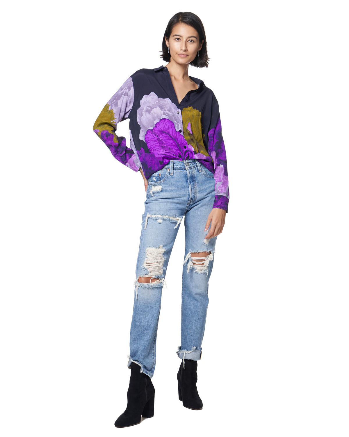The Kit Zoe Floral Long Sleeve Blouse in Violet Iris | Size Large