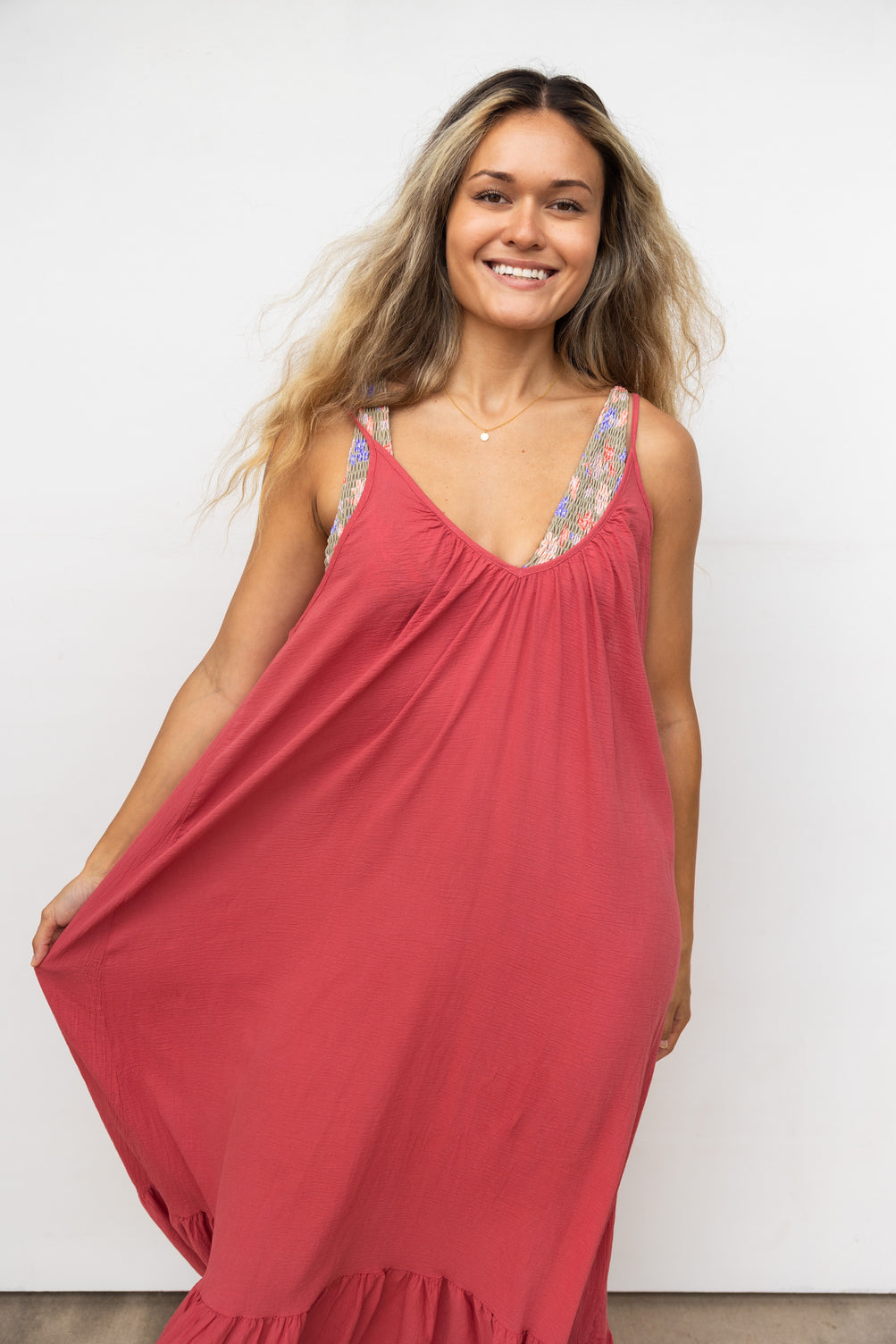 9seed Paloma Cotton Ruffle Maxi Dress in Guava