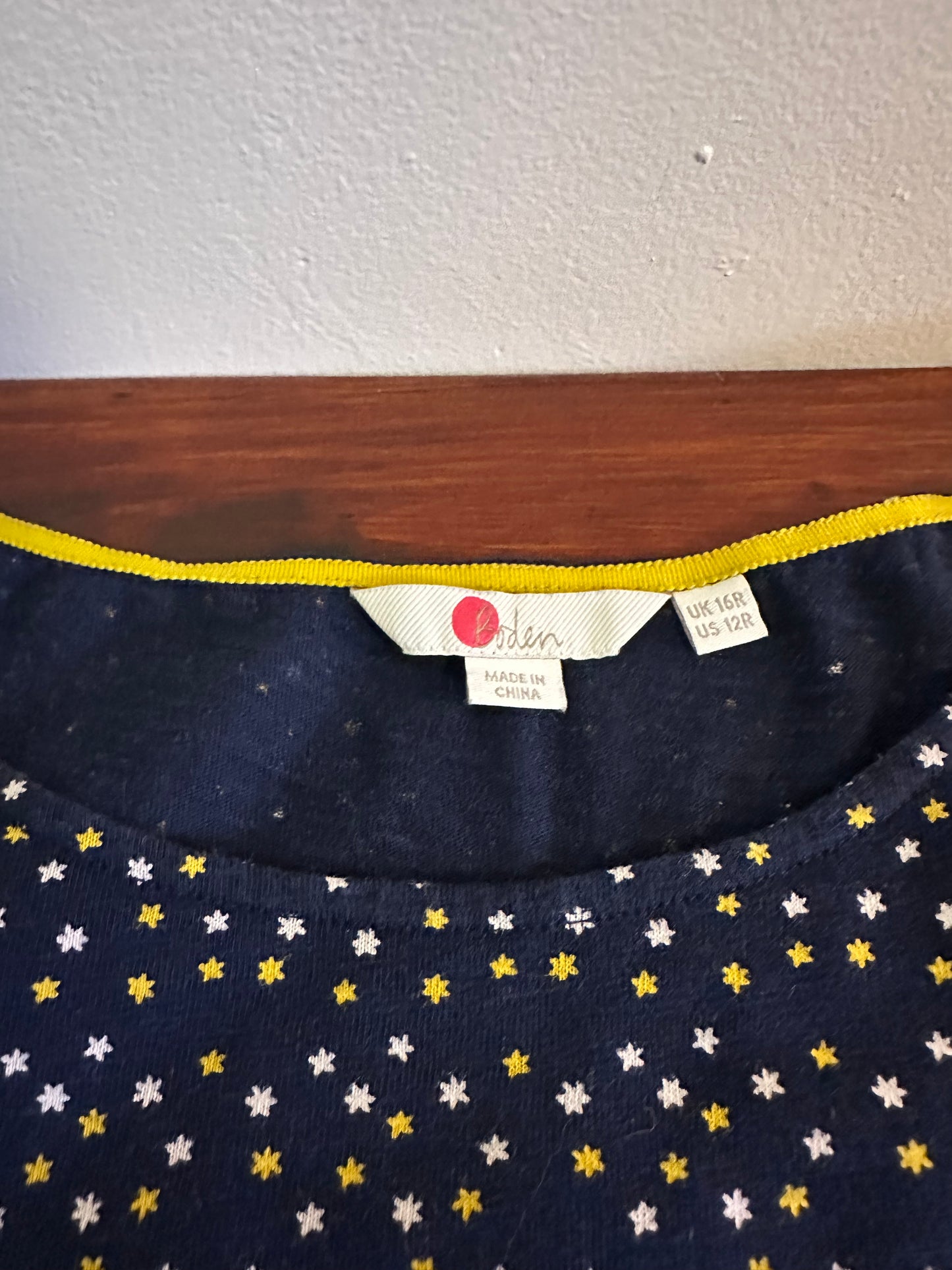Boden Navy T-Shirt Dress with Yellow and White Star Print - Size 12