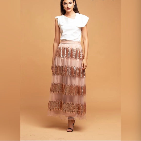 NWT Anthropologie Eva Franco Revelry Maxi Skirt in Blush Rose Sequin Tulle