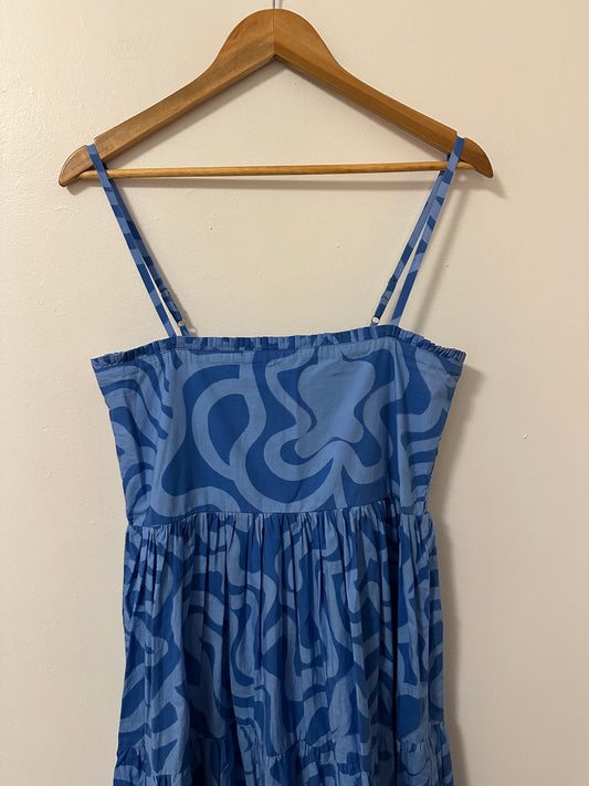 Oliphant Ashbury Smocked Back Cotton Maxi Dress in Blue | Size Medium