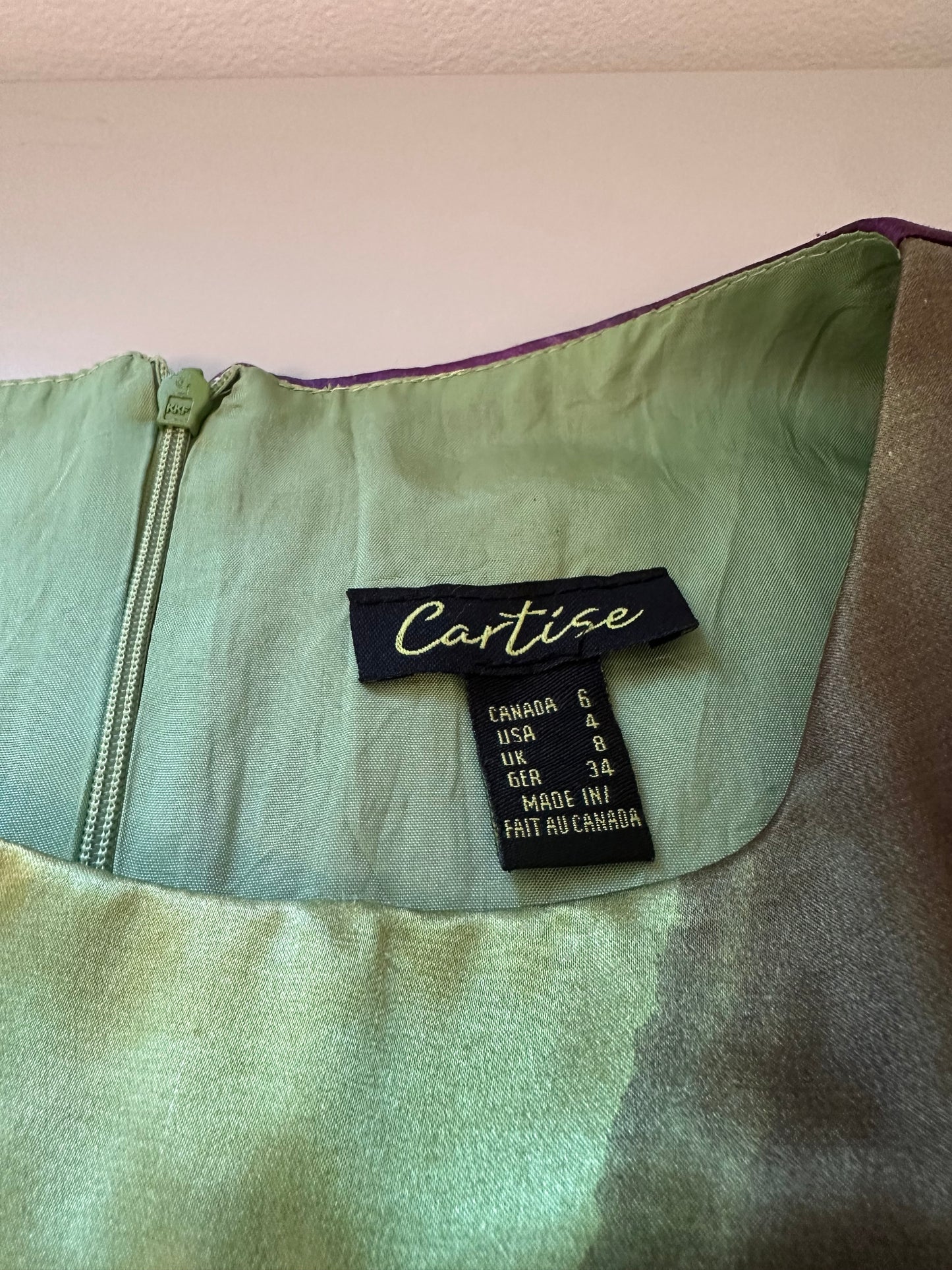 Cartese Sleeveless Belted Silky Dress in Purple and Green Print | Size 4