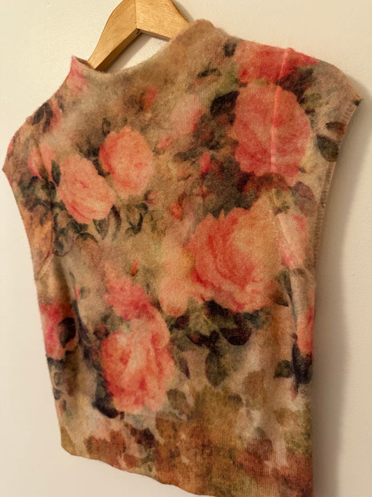 Anthropologie Cashmere Floral Cap Sleeve Sweater | Size Large