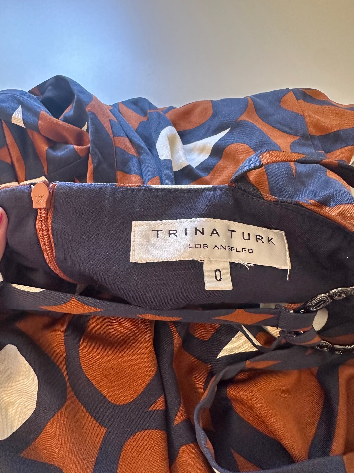 Trina Turk Spaghetti Strap Silk Patterned Dress in Brown and White | Size 0