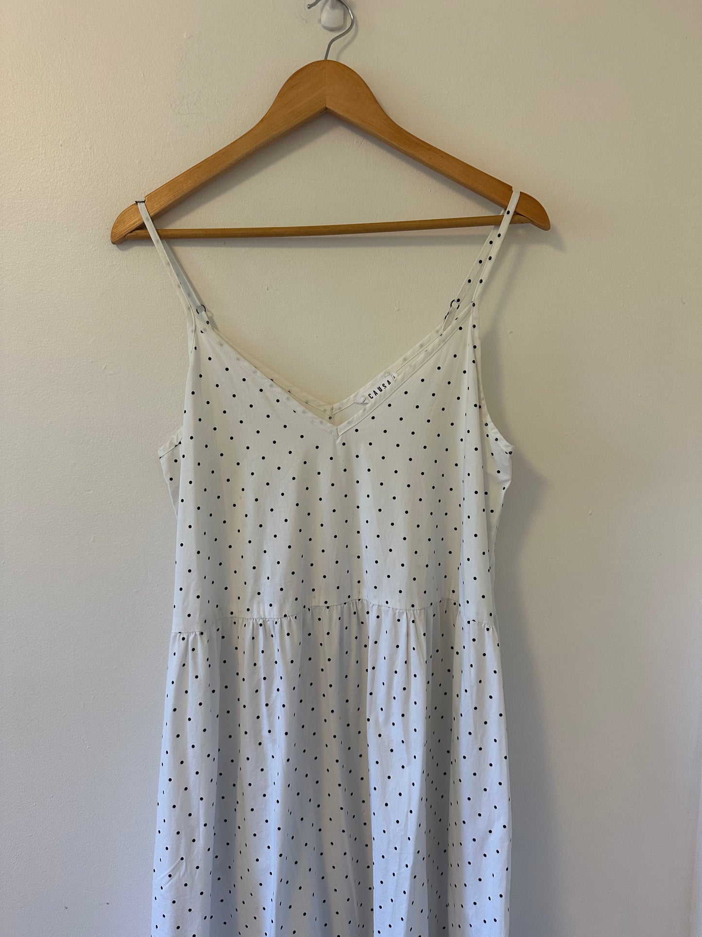 LACAUSA - Crosby Tiered Maxi Dress in White With Black Polka Dots | Size Small