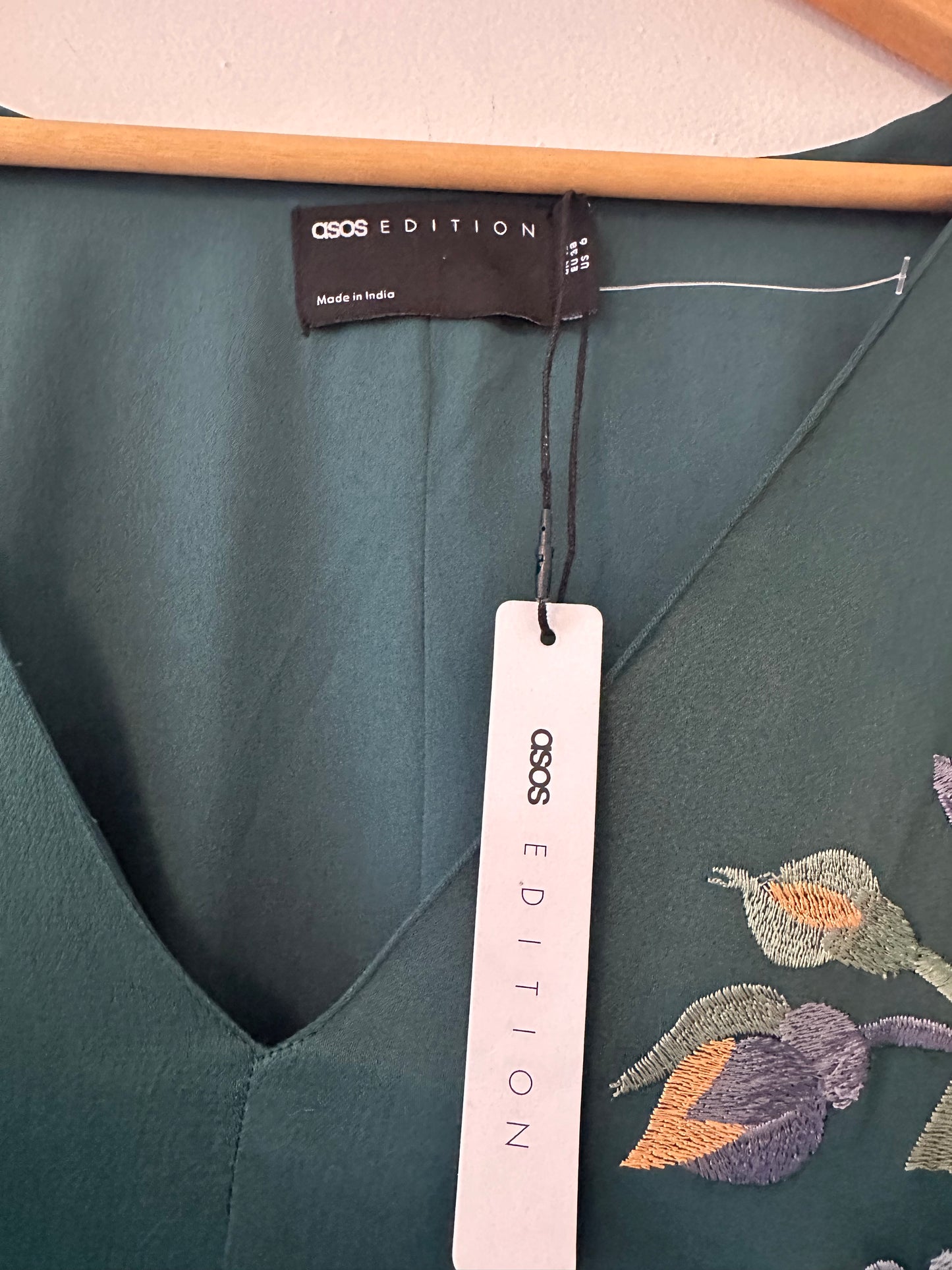 ASOS EDITION Satin Belted Dress with Floral Embroidery in Green - Size 6