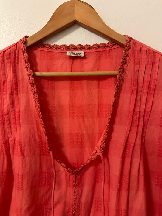 Faherty Coral Checkered Cotton Blouse with Crochet Trim | Size Large