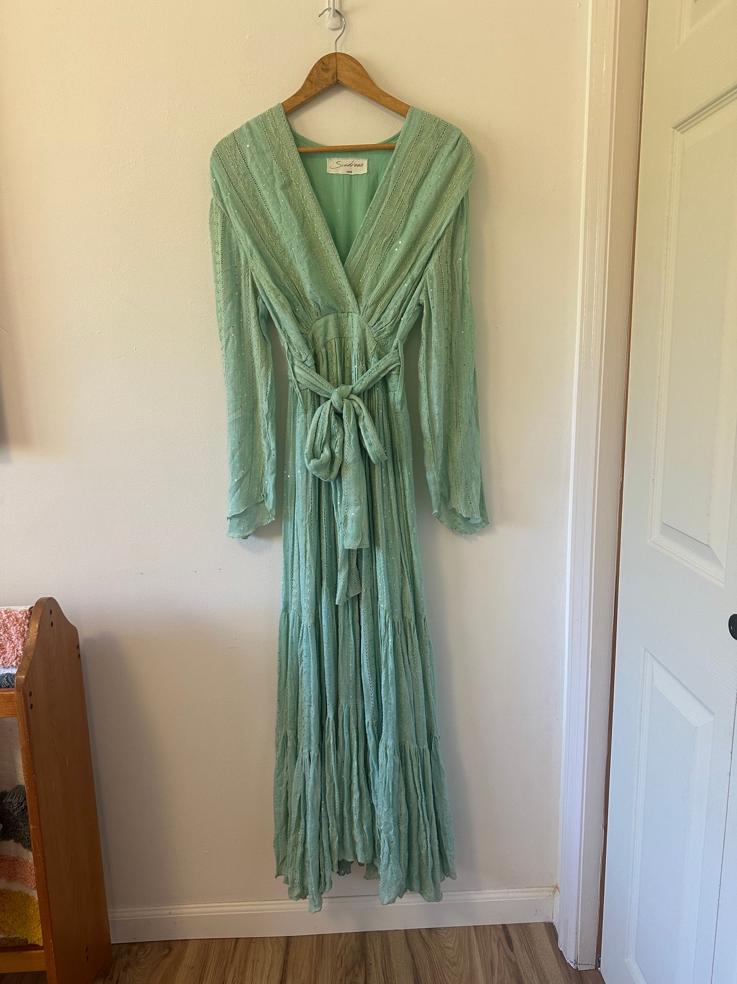 Sundress Long Sleeve Mint Green Wrap Maxi Dress | Size XS/S