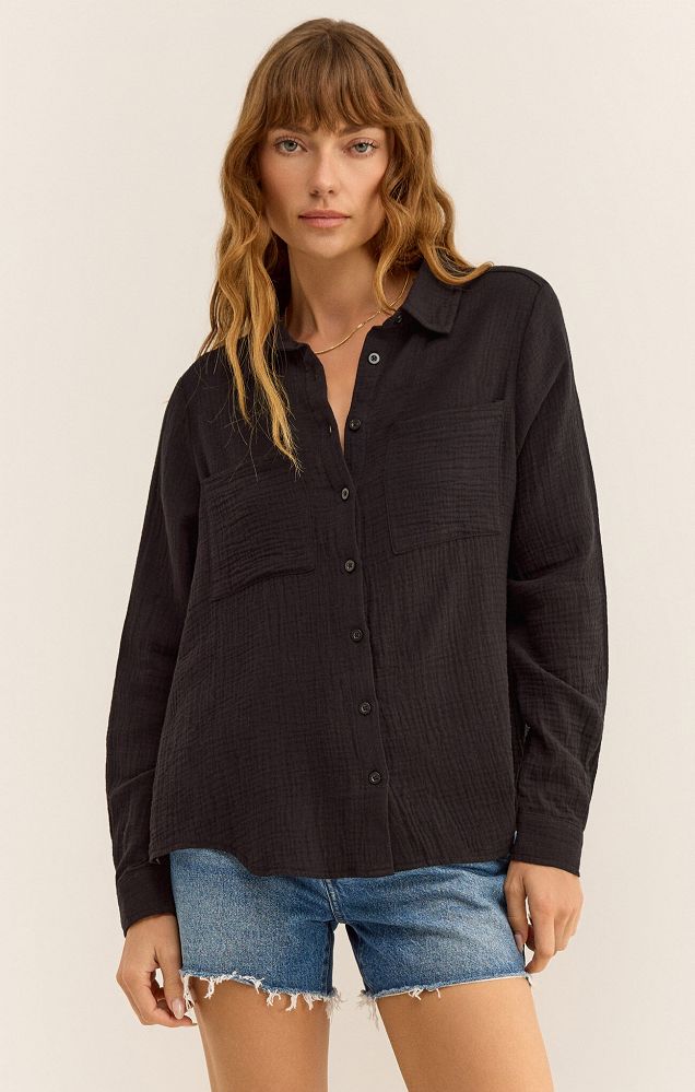 Z Supply Kaili Button Up Gauze Top in Black | Size XS