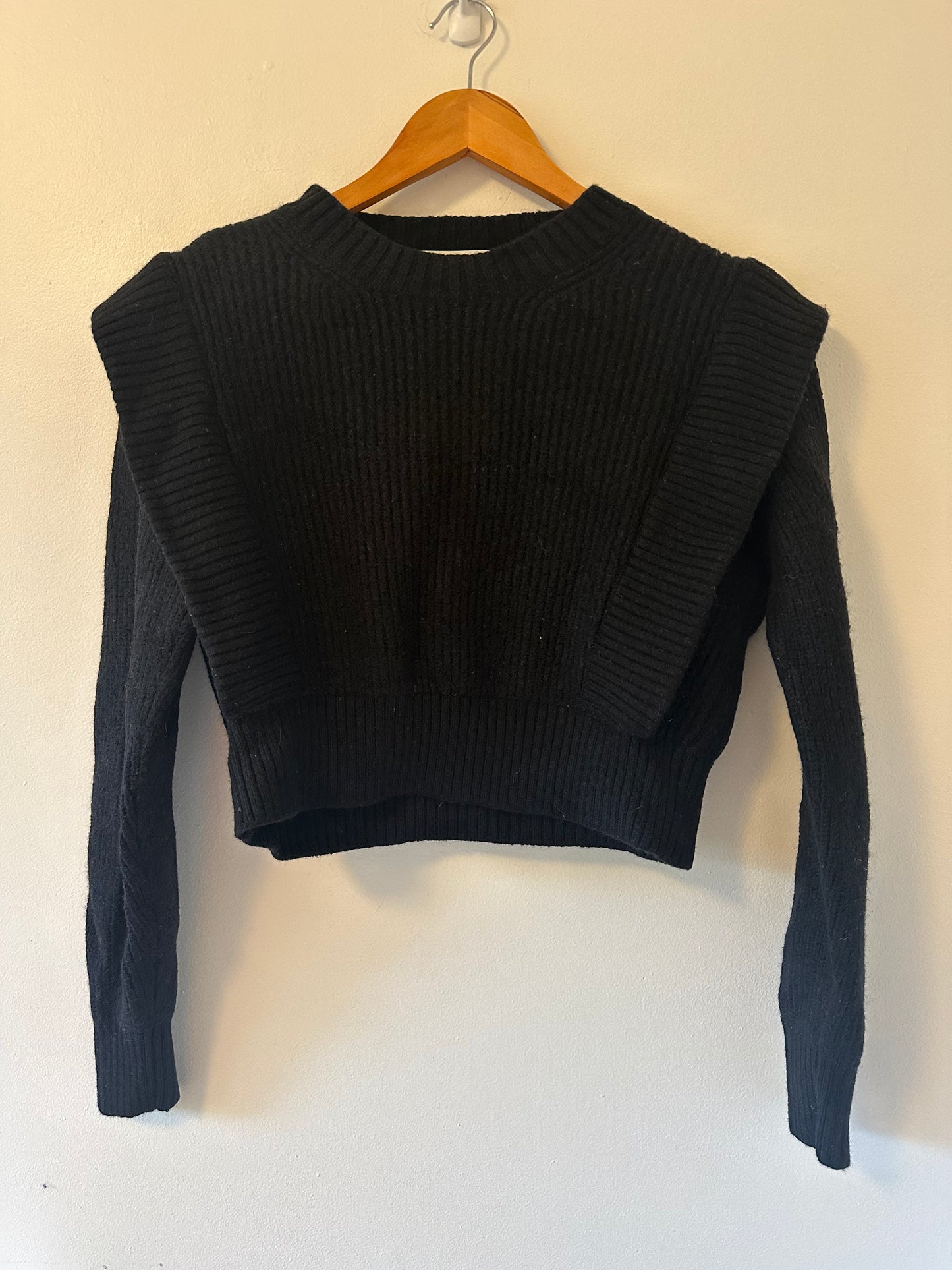 Babaton Black Ribbed Structured Cropped Merino Wool Sweater - Size Small