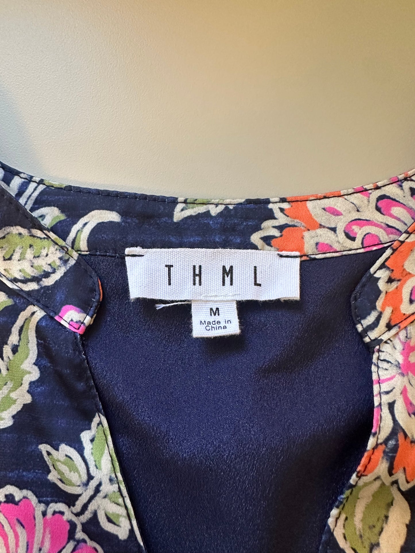 THML Navy Floral Ruffle V-Neck Mini Dress | Size Medium
