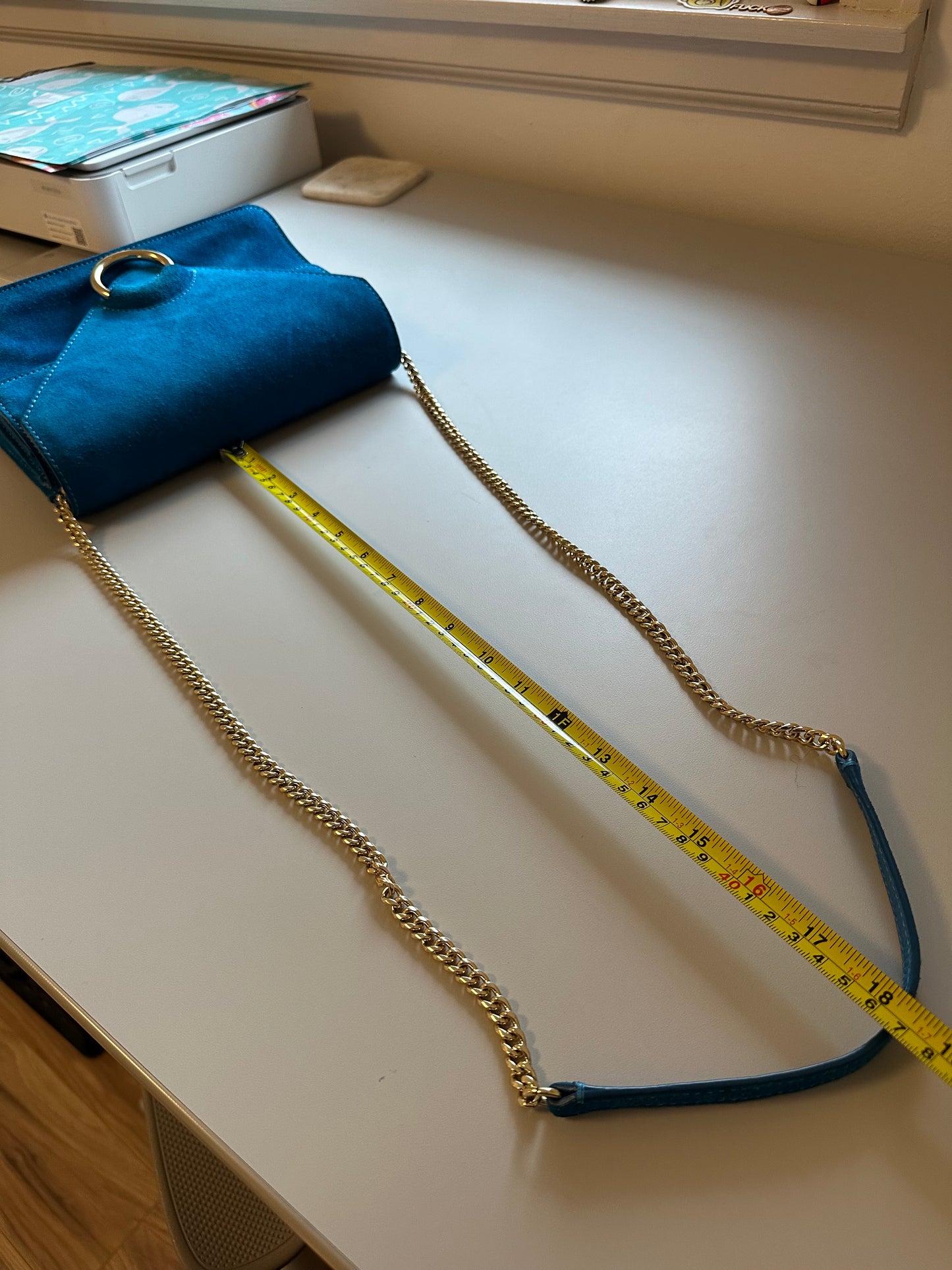 Banana Republic Bright Blue Suede Crossbody Bag with Gold Hardware and Chain