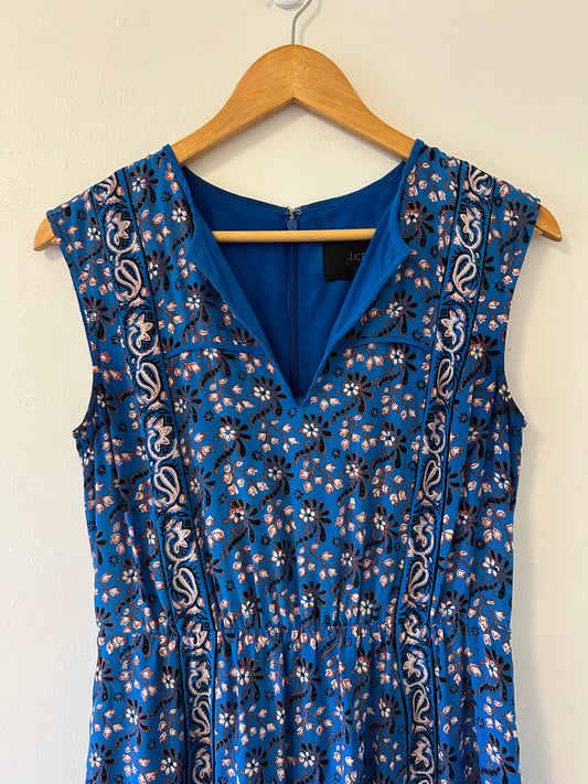 J. Crew Cinched Waist Silk Blue Floral V-Neck Dress - Size 4