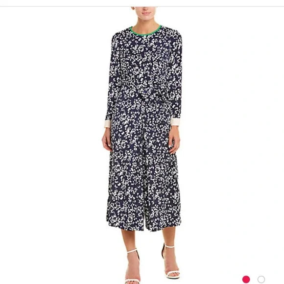 Eliza J NWT Leaf Print Navy and White Floral Wide Leg Cropped Jumpsuit | Size 2