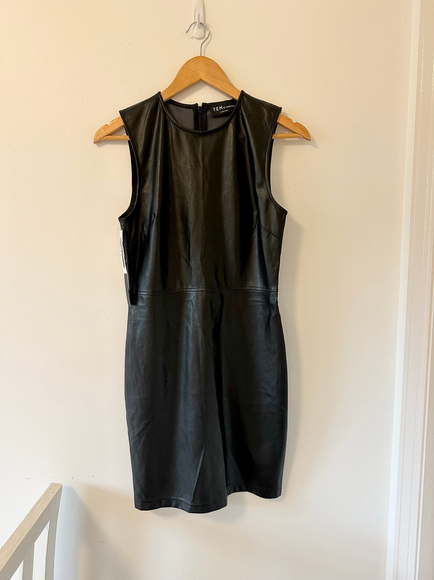 NWT Aritzia Cannes Black Crewneck Faux Leather Mini Dress - Size 6