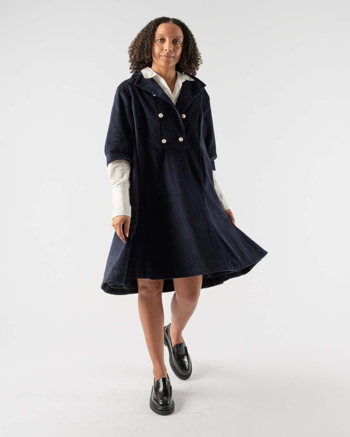 Batsheva Beray Corduroy Coat Double Breasted Mini Dress in Navy | Size XS