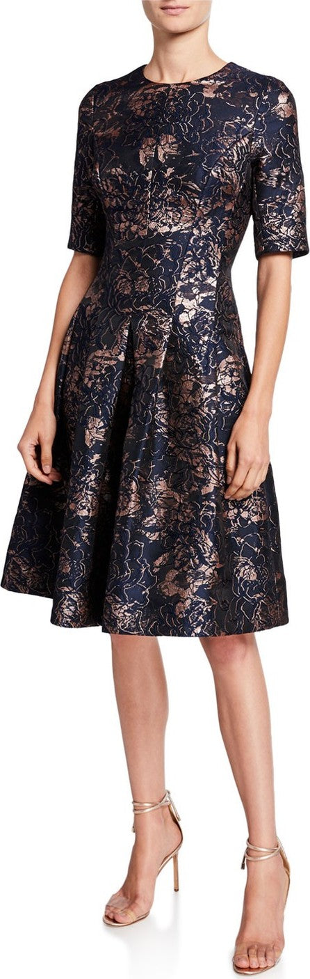 NWT Ricki Freeman for Teri Jon Pleated Floral Jacquard Knee Dress in Navy Mauve - Size 10