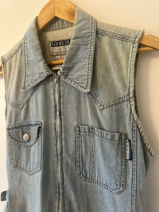 Squeeze Vintage Denim Sleeveless Zip Up Romper | Size Small