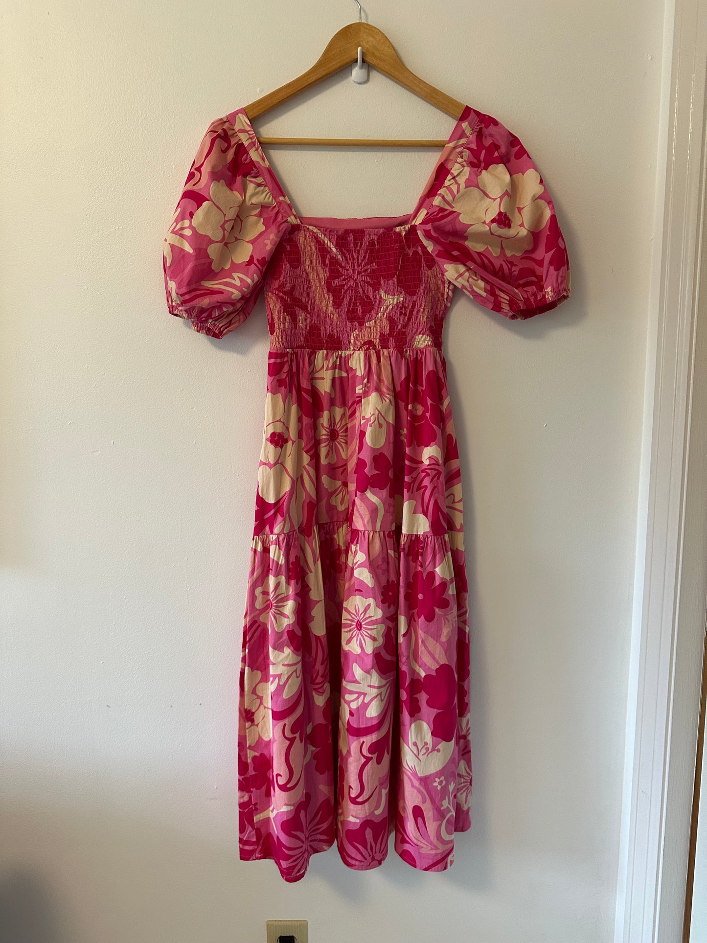 Crystal Sky - Pink Floral Midi Puff Sleeve Ruffle Cotton Midi Dress | Size XS