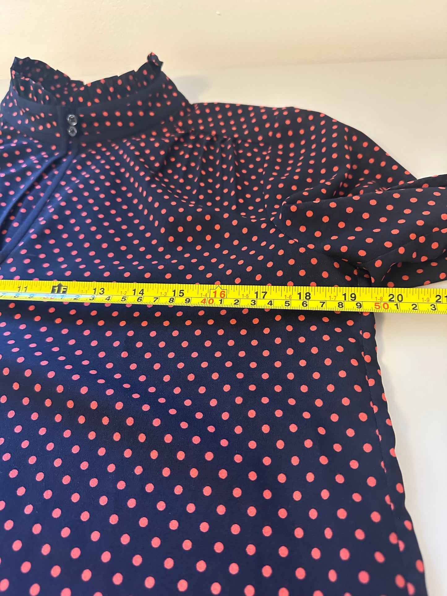 J. Crew - Navy and Red Polka Dot Stand Up Collar Sheer Flowy Blouse | Size 6