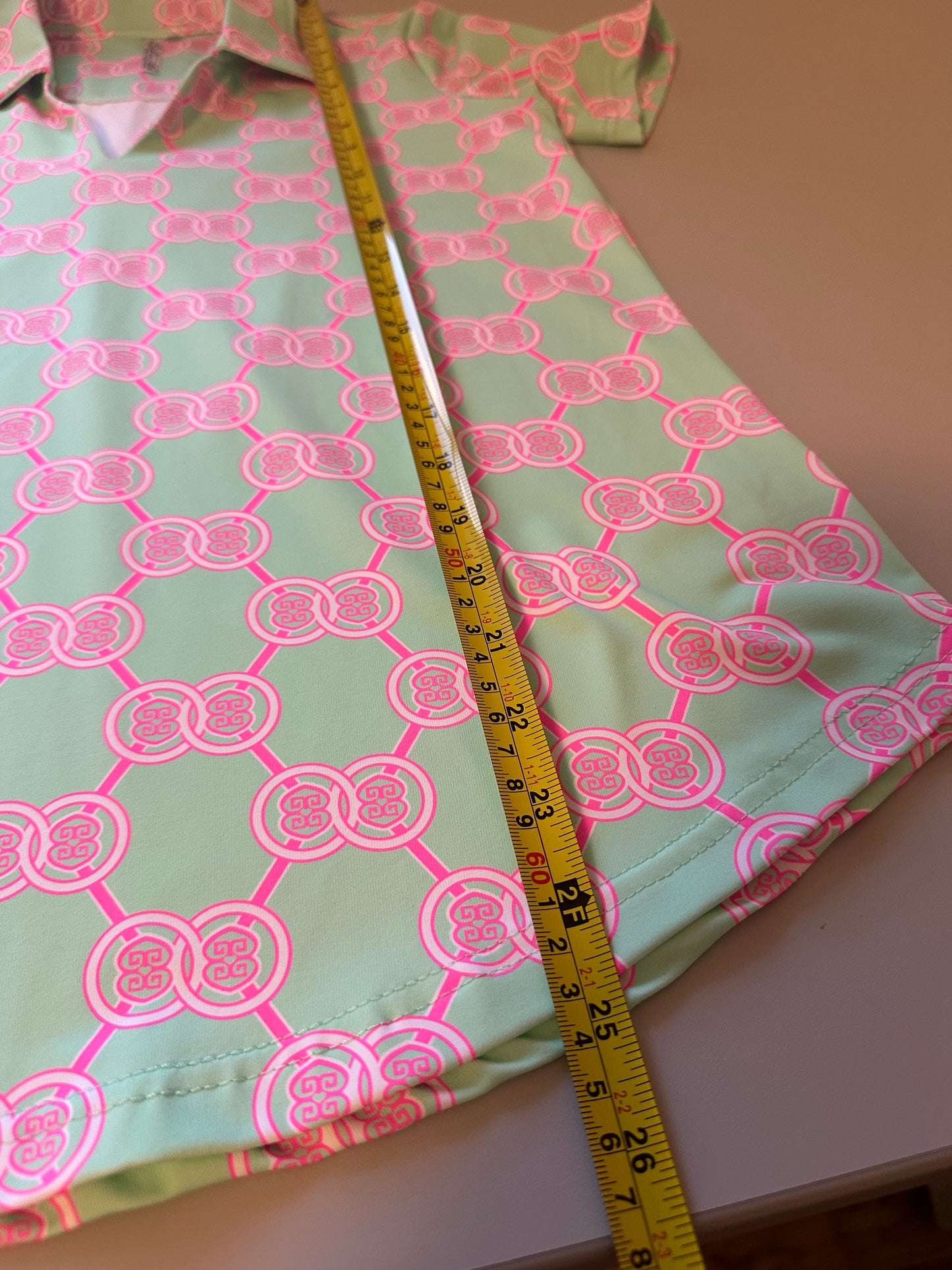 Lulu-B - Green and Pink Geometric Stretchy Polo Shirt | Size XS