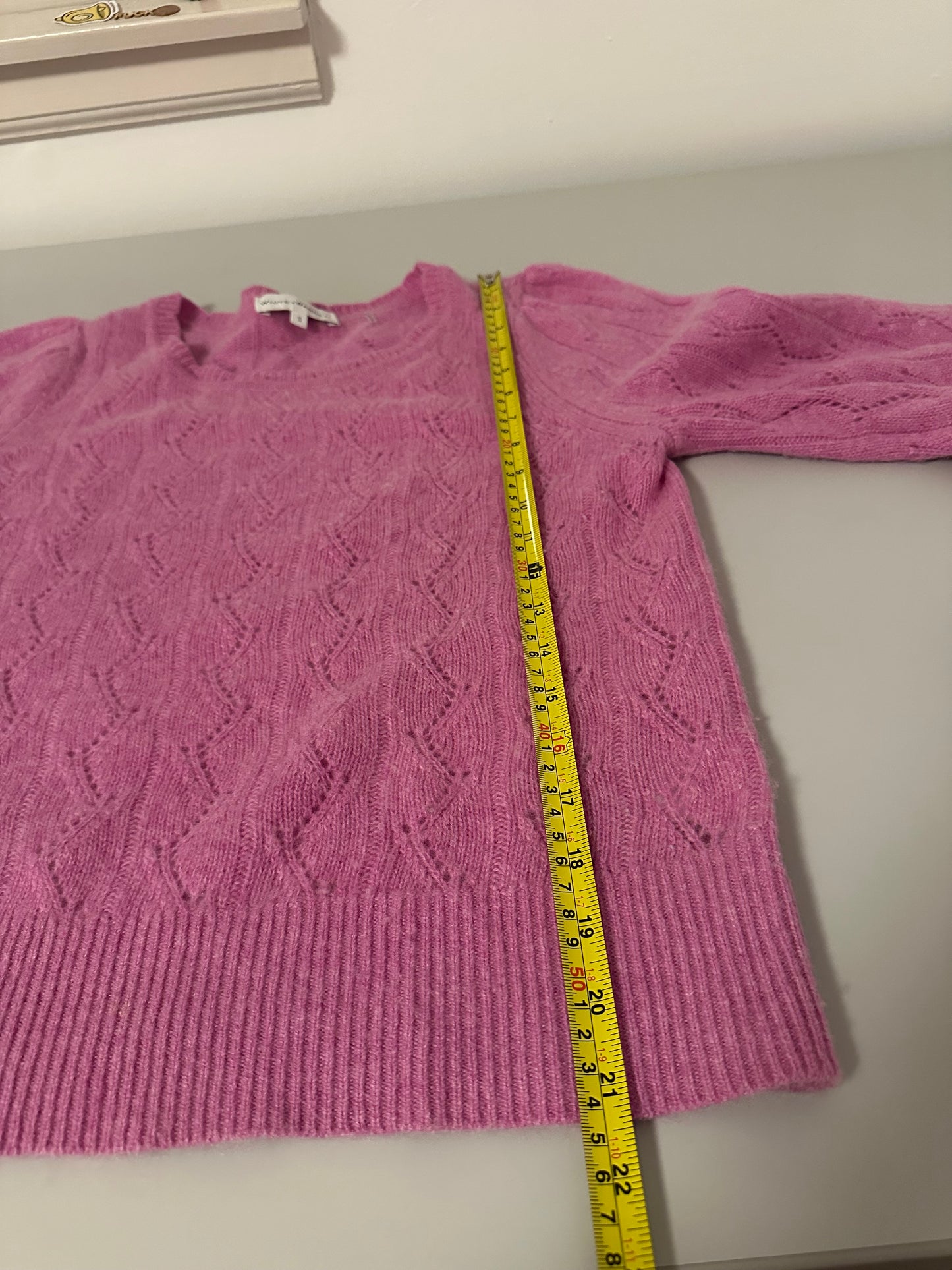 White + Warren Cashmere Pointelle Puff Sleeve Sweater in Berry Pink | Size Small