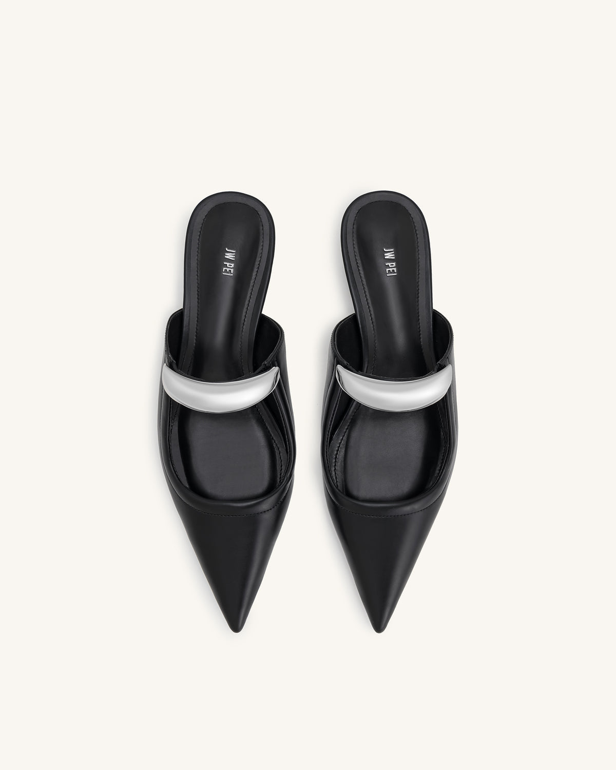 New JW PEI - Black Helena Pierced Mules with Silver Accents in Vegan Leather | Size 8