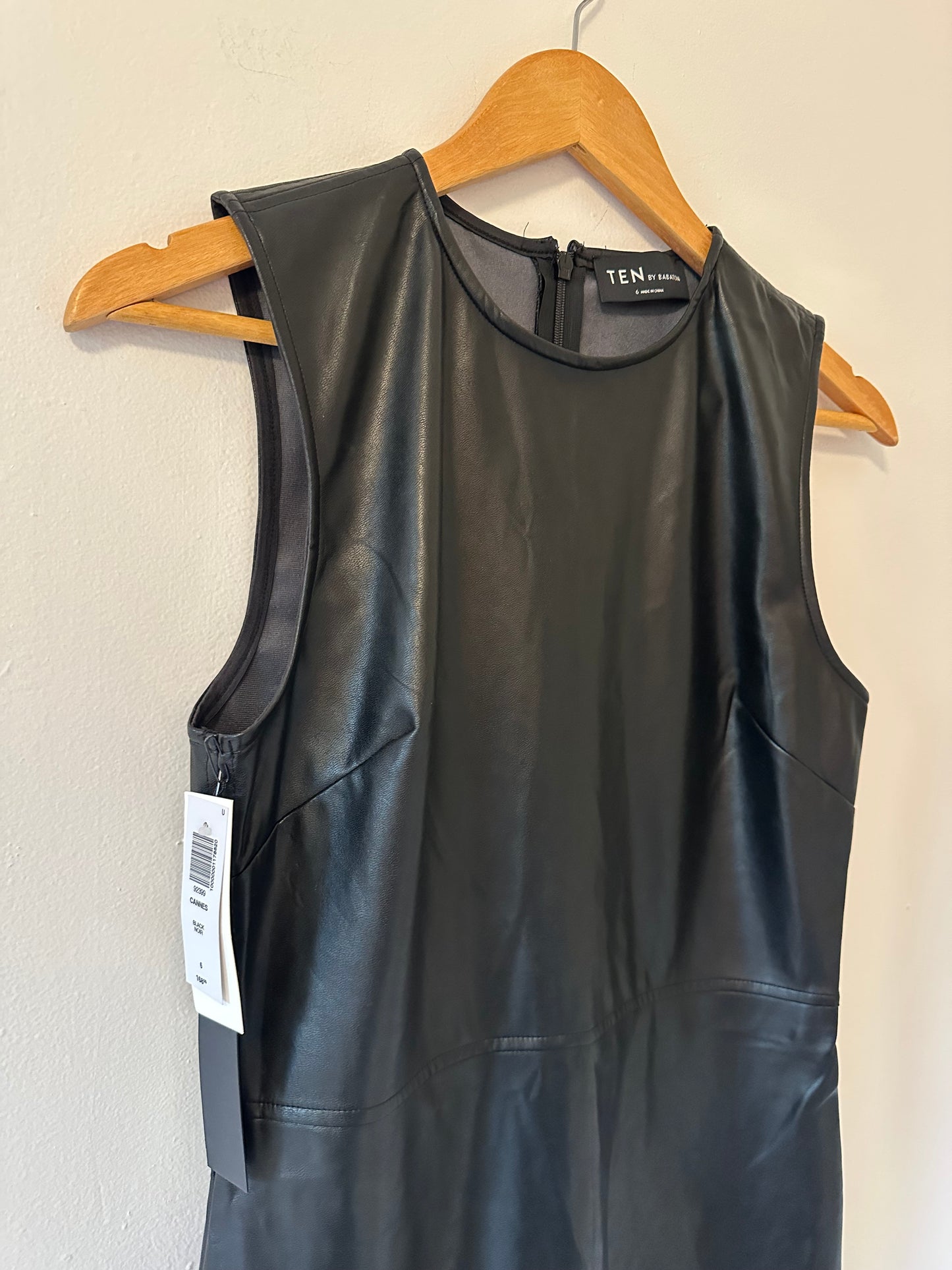 NWT Aritzia Cannes Black Crewneck Faux Leather Mini Dress - Size 6