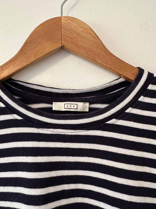 AYR The French Fry Long Sleeve T-Shirt in Navy and White Stripes | Size Large