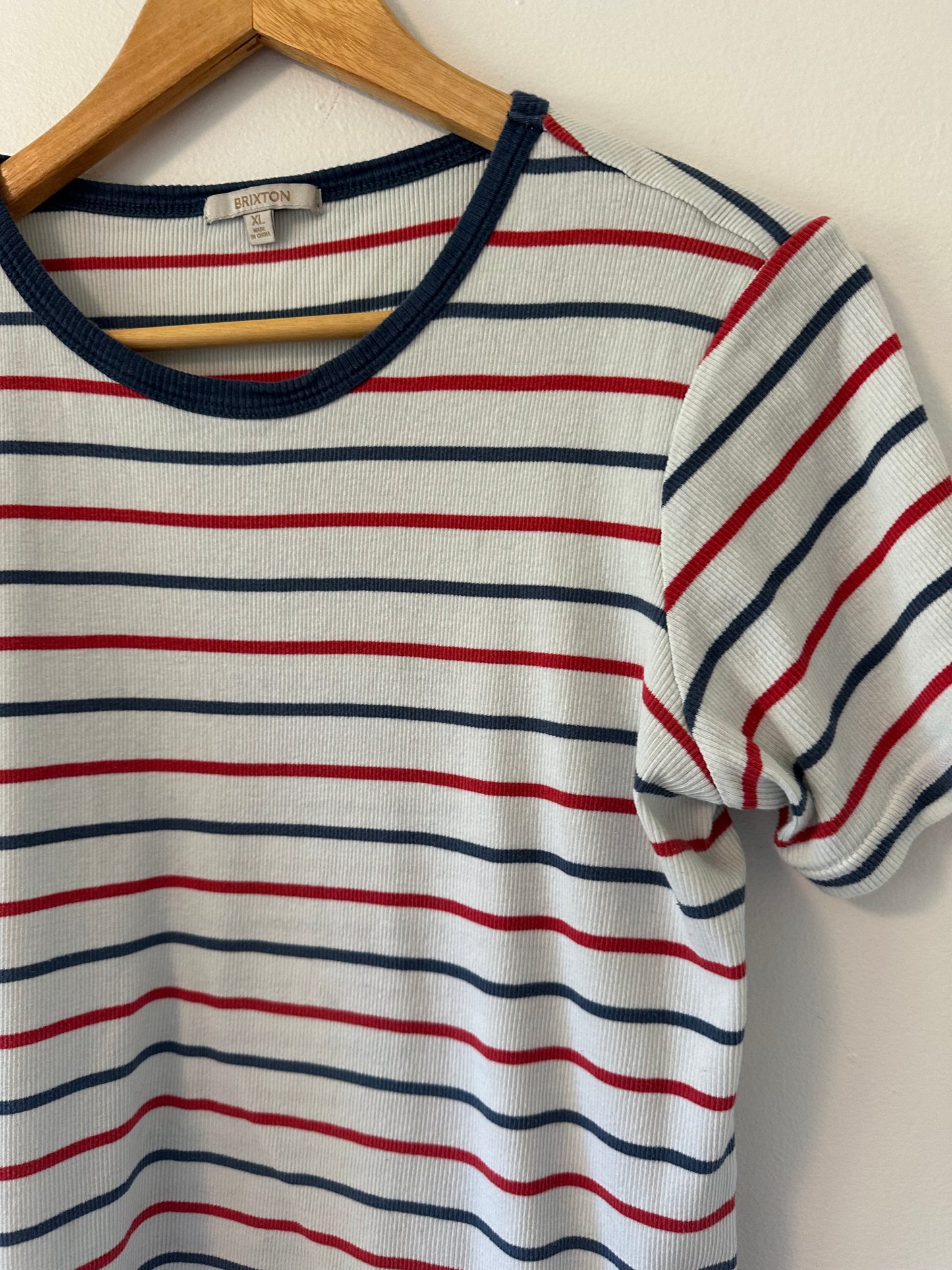 Brixton Red and Navy Striped Ribbed Tee | Size Extra Large
