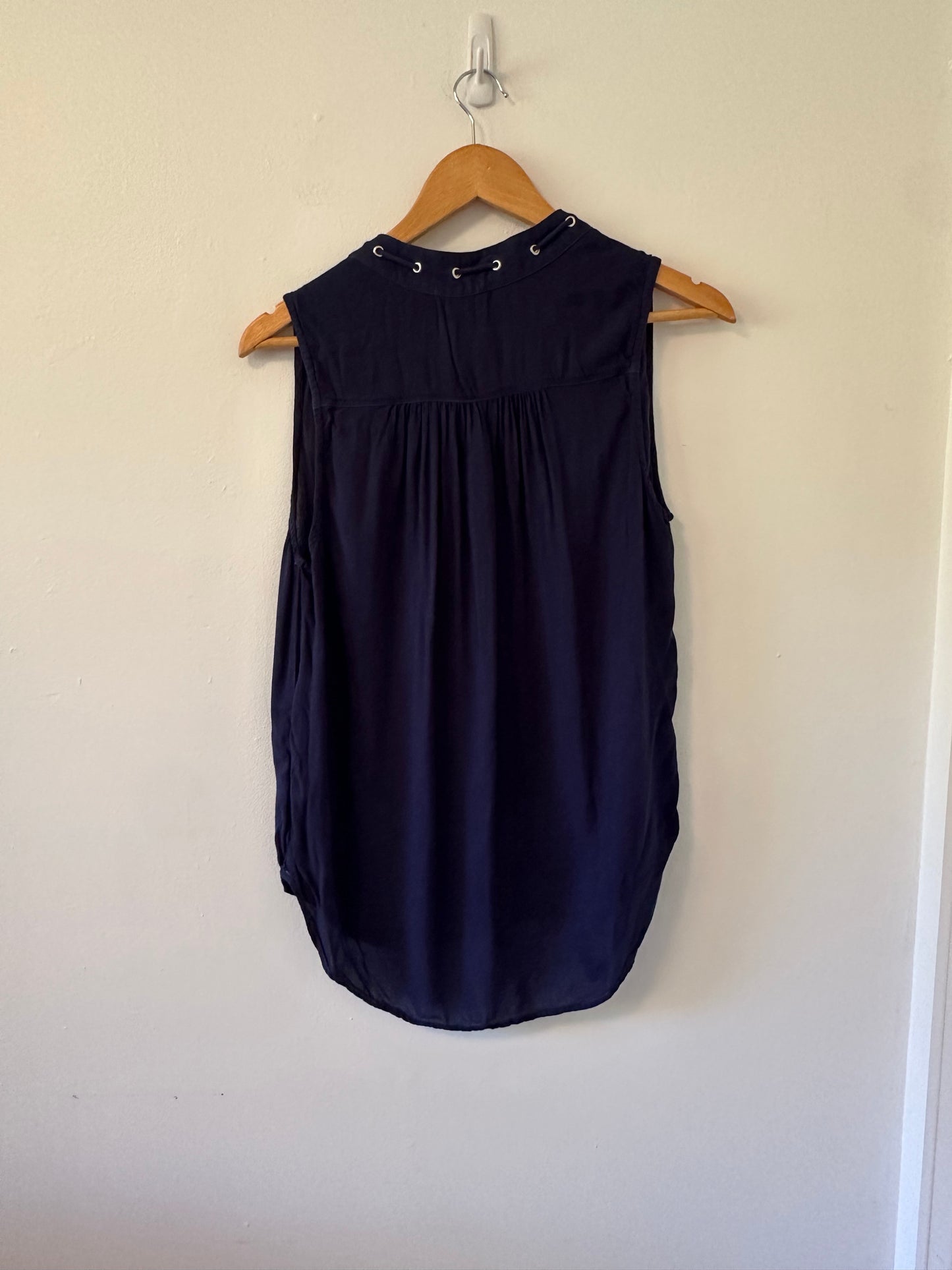 Bella Dahl Navy Sleeveless Blouse with Lacing Around The Collar | Size Medium