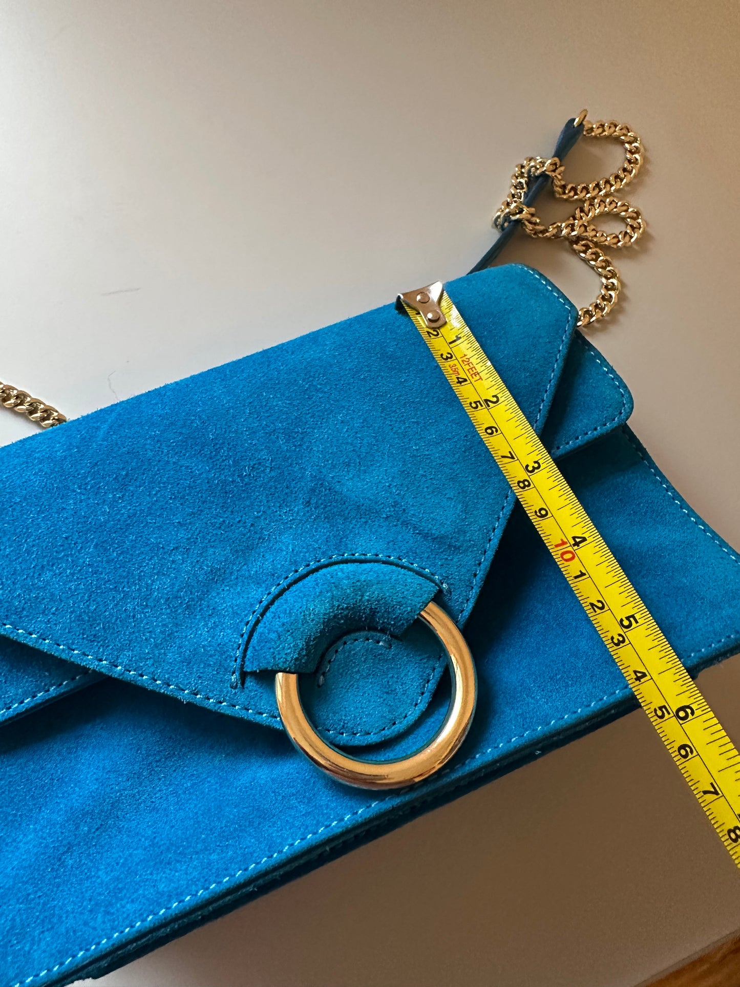 Banana Republic Bright Blue Suede Crossbody Bag with Gold Hardware and Chain