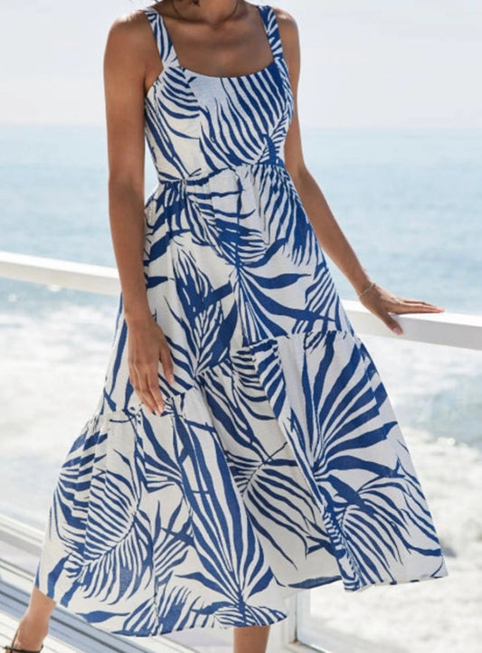 AYR The Magic Moment Dress in Blue Palm Print - Size Medium