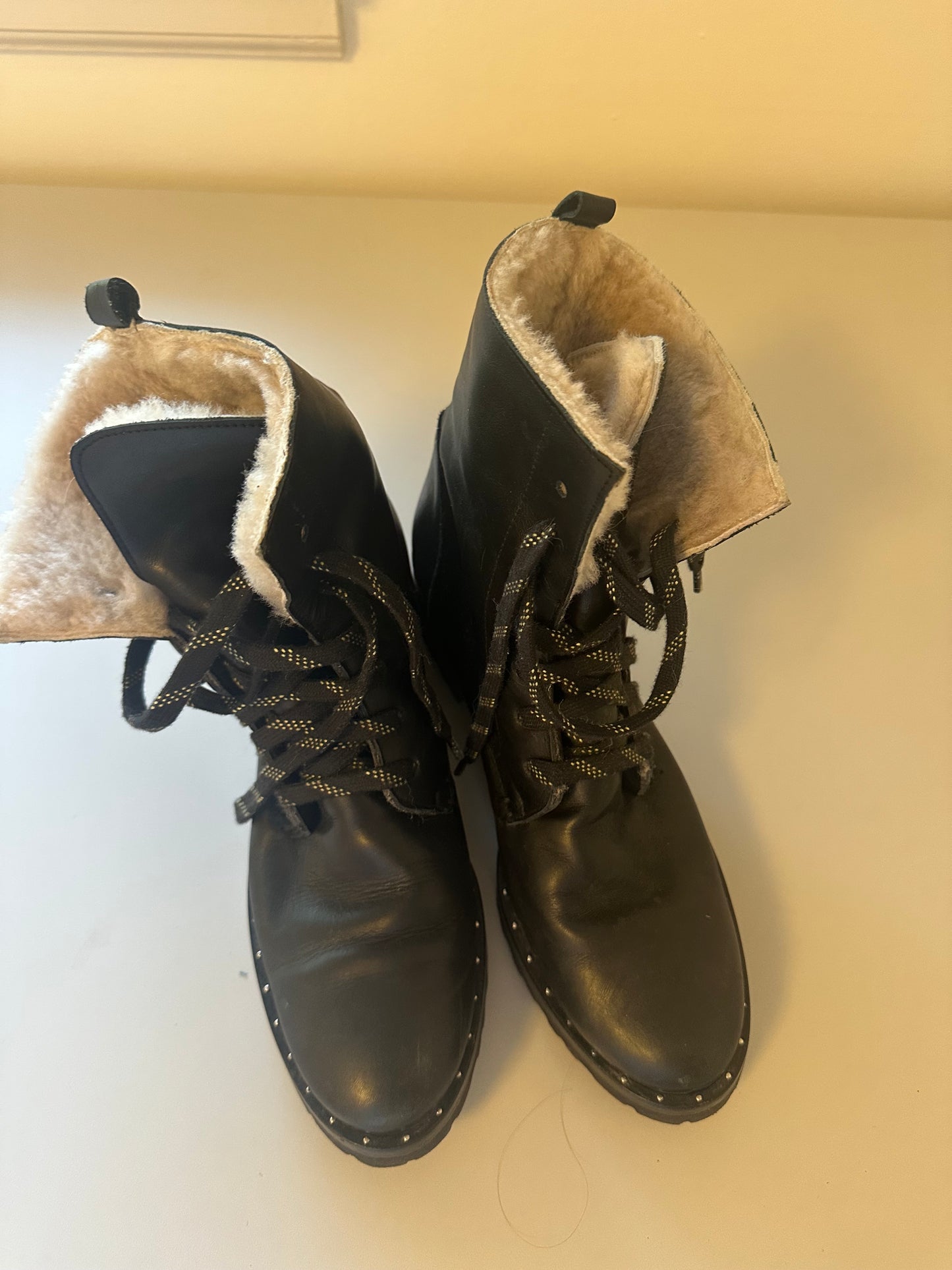 Freda Salvador Black Leather Shearling Lined Lace zip Hiking Combat Boots