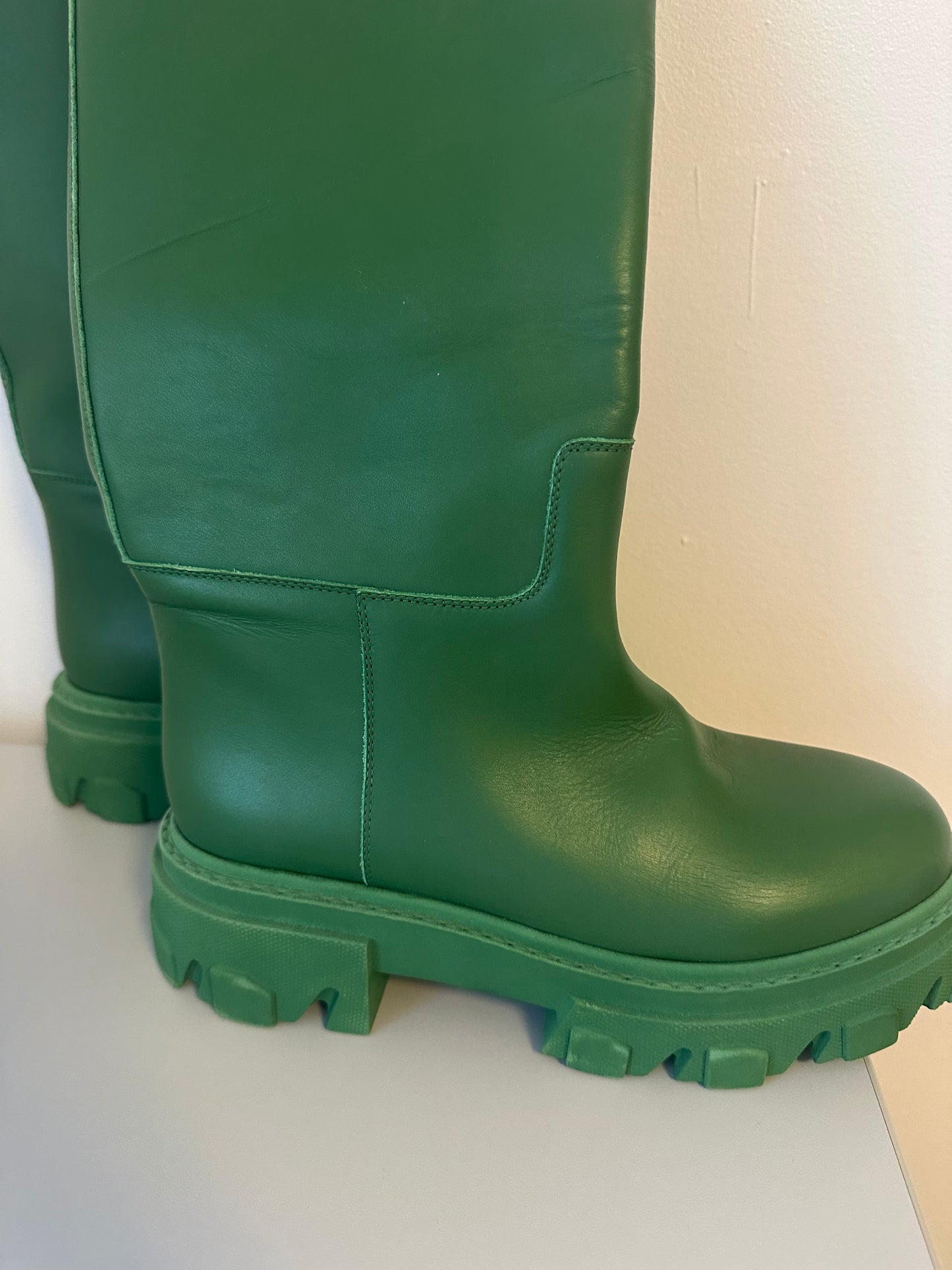 Gia Borghini x Pernille Tall Green Leather Knee High Rain Boots | Size 38.5