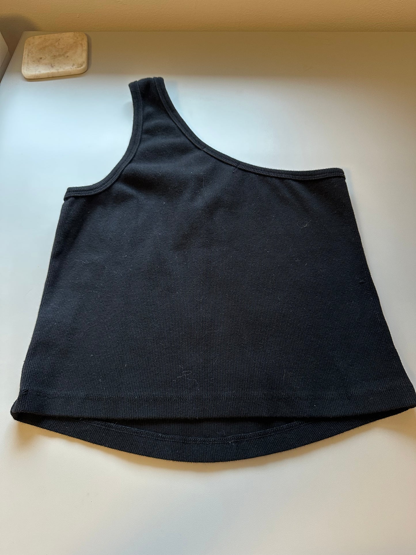 perfectwhitetee Call Me One Shoulder Structured Rib Tank in Black | Size Medium