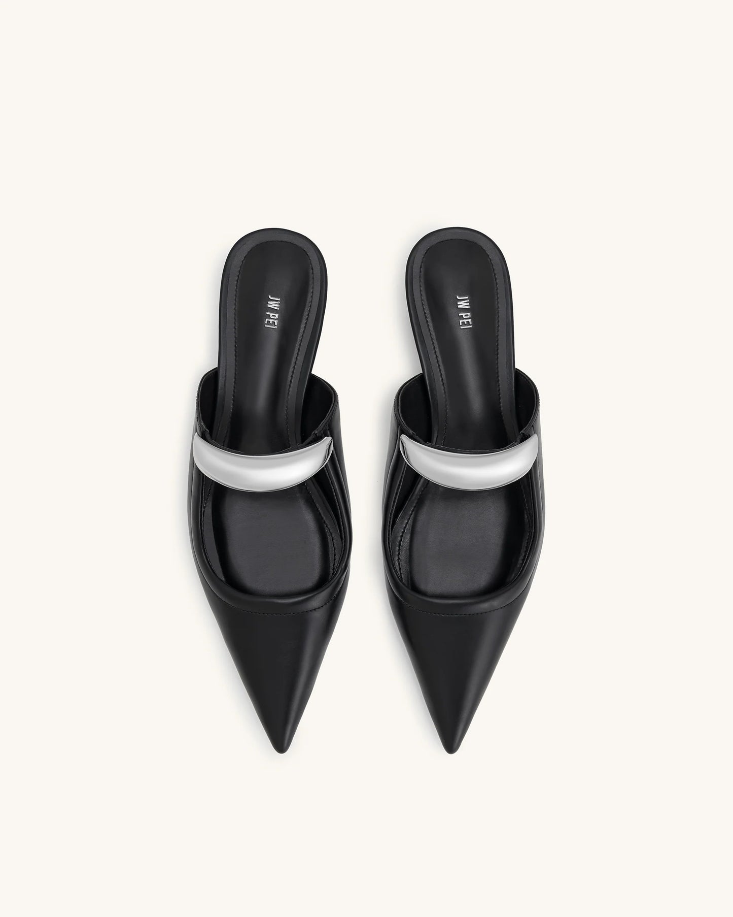 New JW PEI - Black Helena Pierced Mules with Silver Accents in Vegan Leather | Size 8