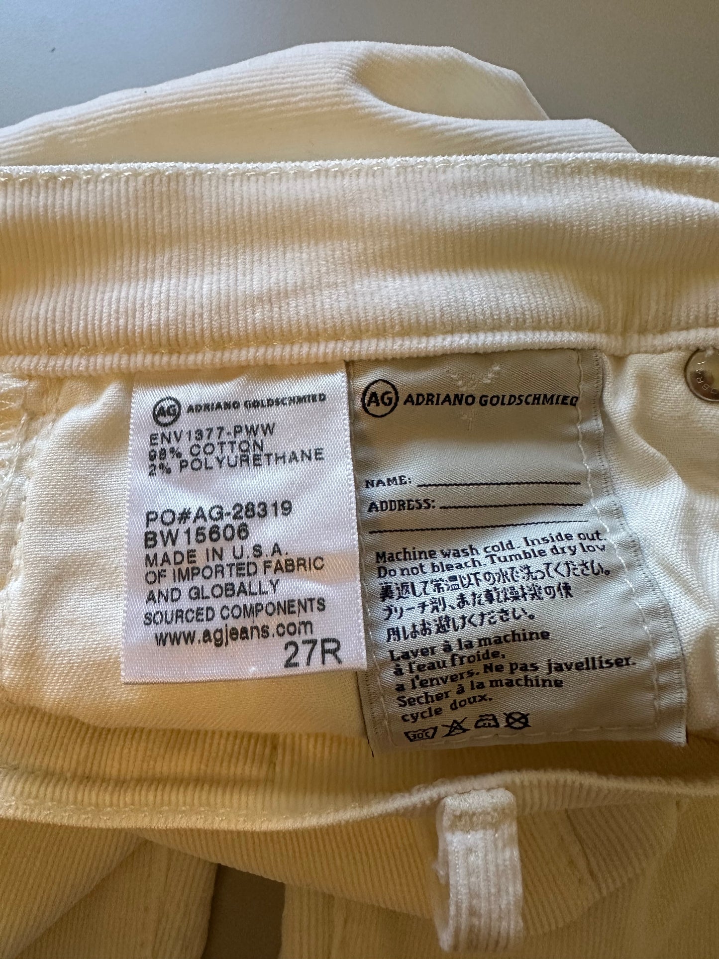 AG Adriano Goldschmied Stevie Ankle White Corduroy Jeans | Size 27