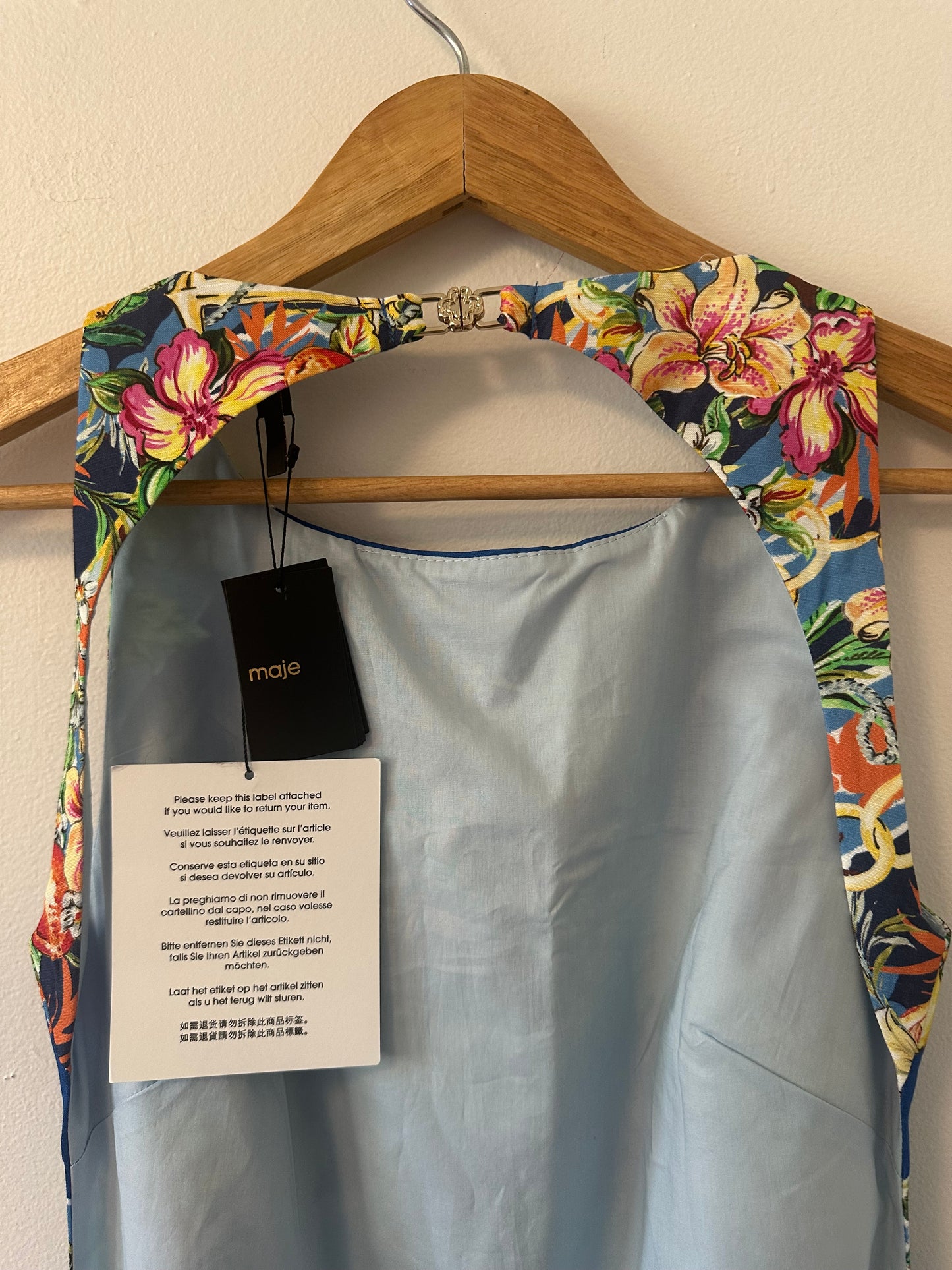 NWT Maje Floral Blue Open Back Sleeveless Dress | Size EU 36