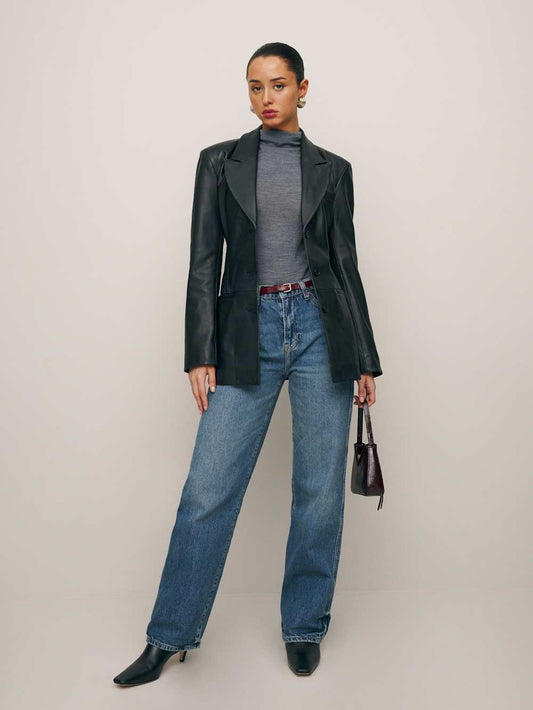 Reformation Veda Hal Fitted Leather Blazer in Black - Size XL