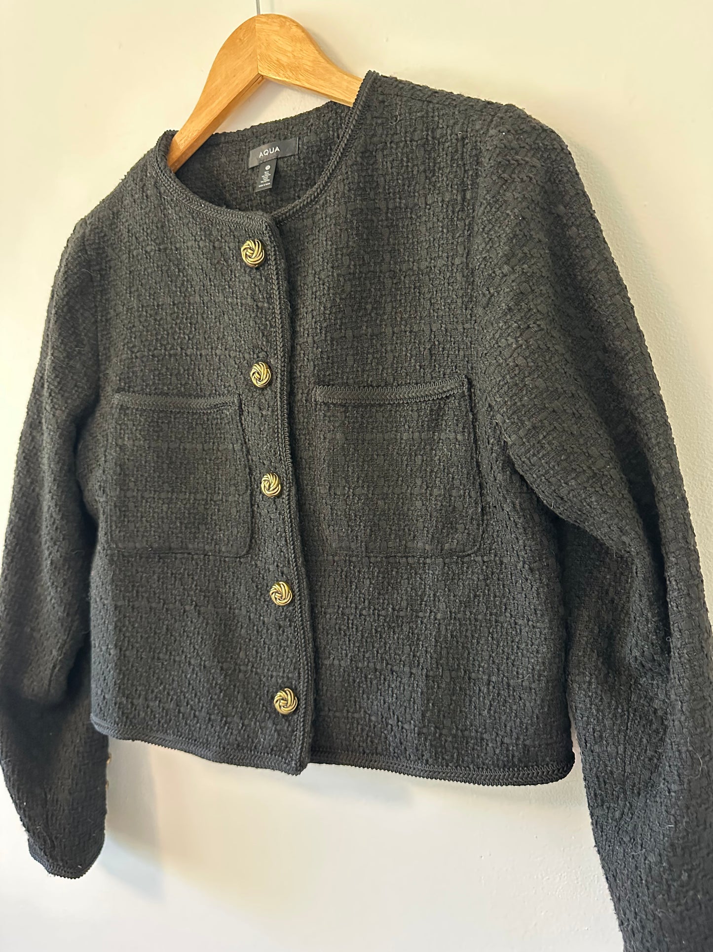 Aqua Black Tweed Textured Blazer Jacket with Gold Buttons | Size Medium