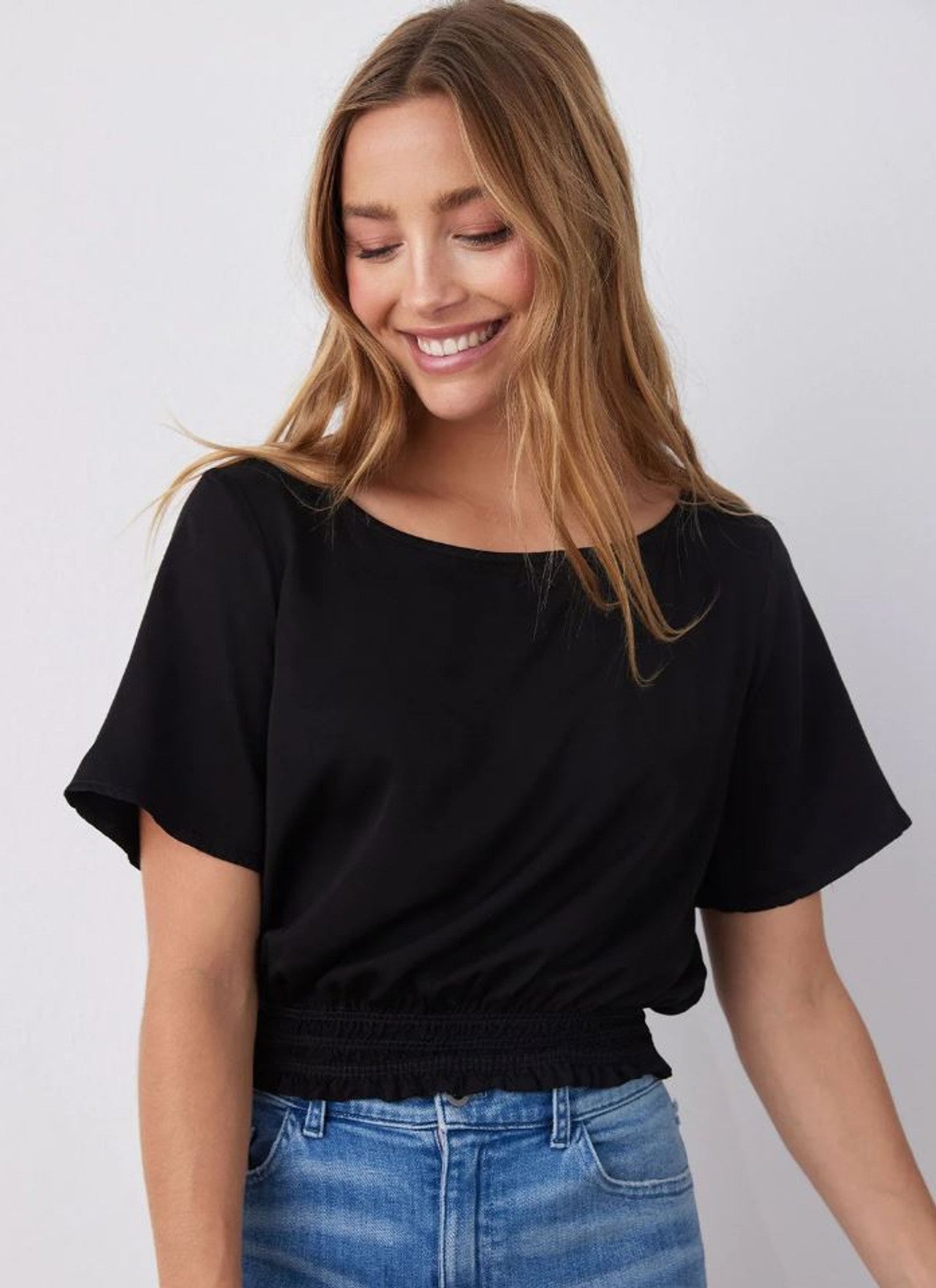 Bella Dahl Satin Smocked Waist Top in Black | Size Medium