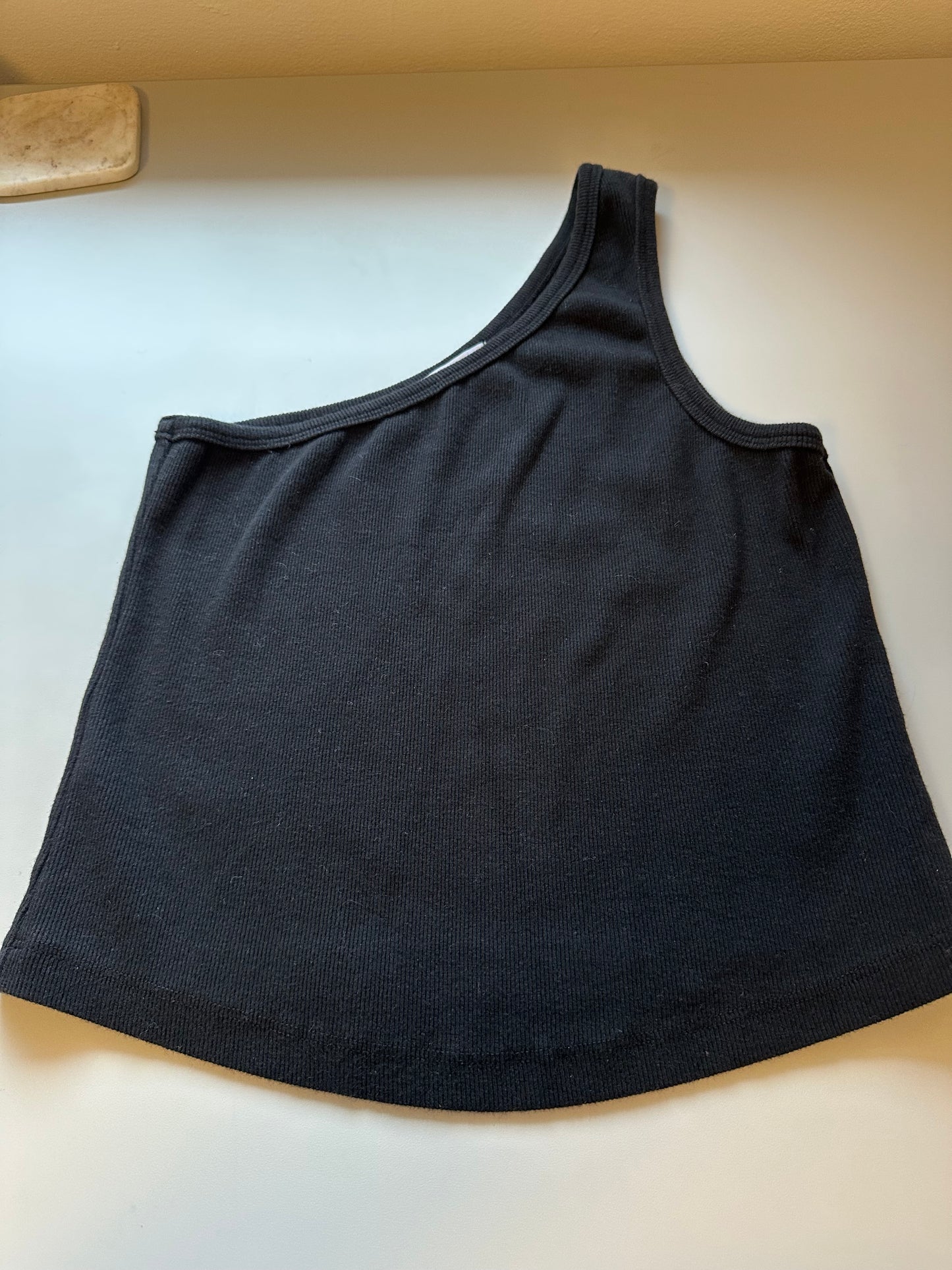 perfectwhitetee Call Me One Shoulder Structured Rib Tank in Black | Size Medium