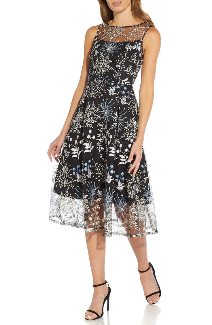 Adrianna Papell Black and White Floral Fit and Flare Midi Dress | Size 18