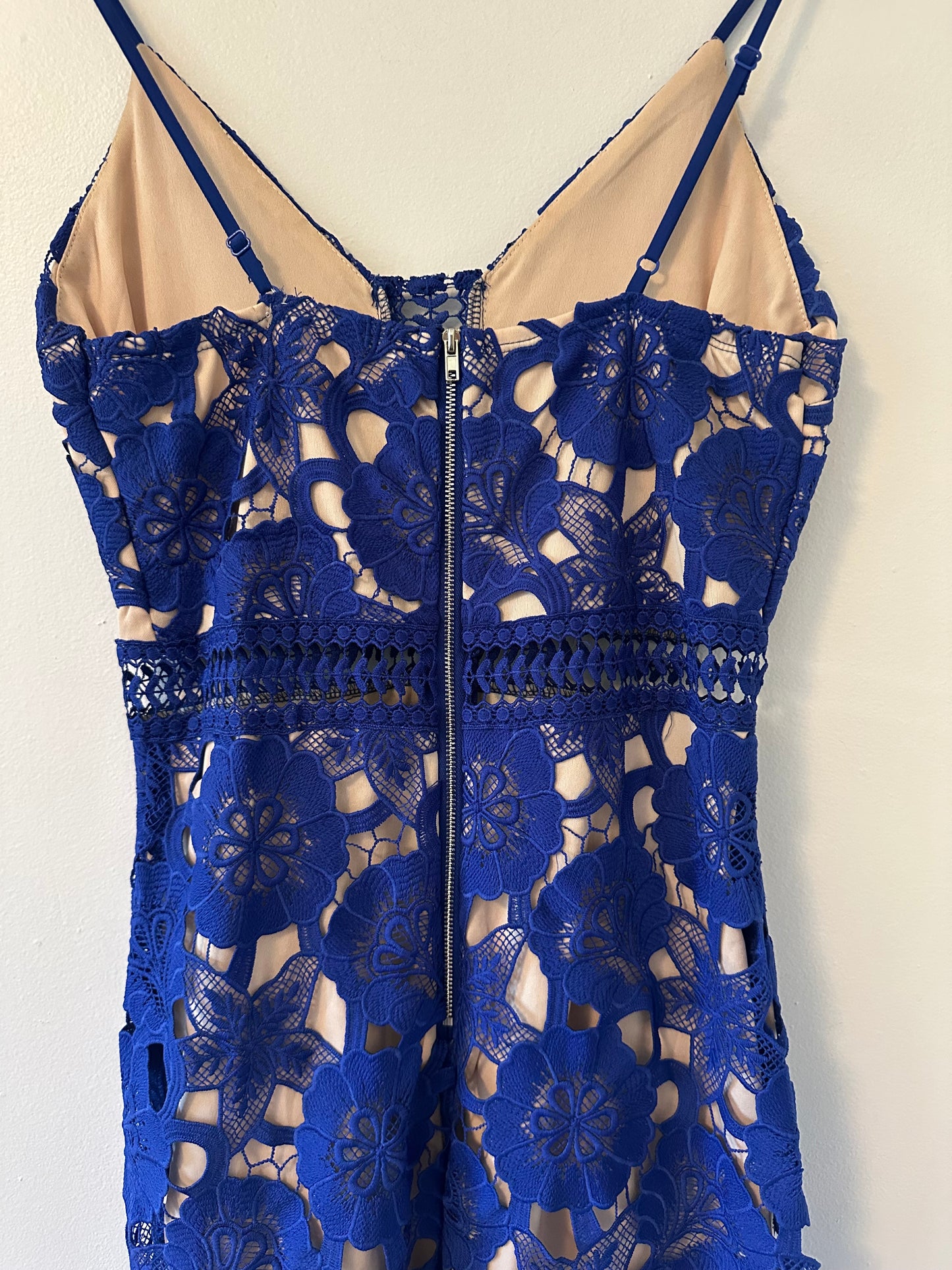 Just Me Mermaid Lace Crochet Midi Dress in Blue | Size Small