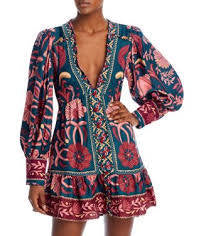 NWT FARM Rio Seasheel Long Sleeve Deep V-Neck Mini Dress Size M