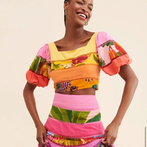 FARM Rio Rainbow Mixed Prints Tiered Linen Blend Top | Size Medium