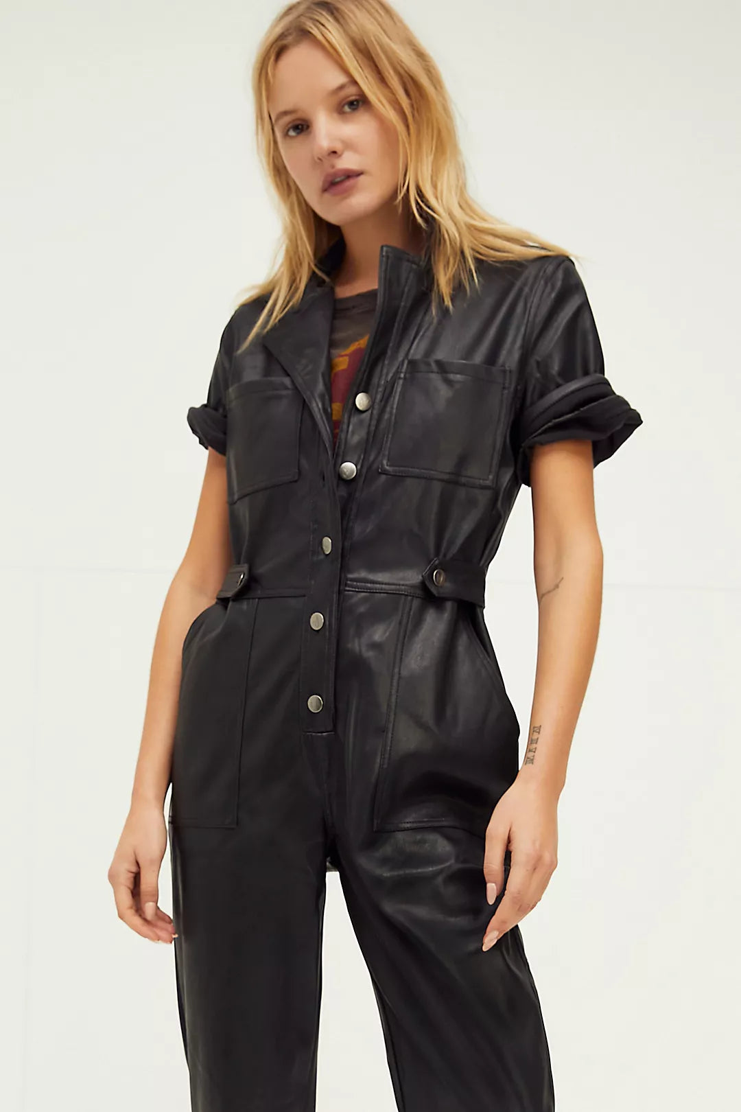NWT Free People Liaison Black Faux Leather Jumpsuit | Size Small