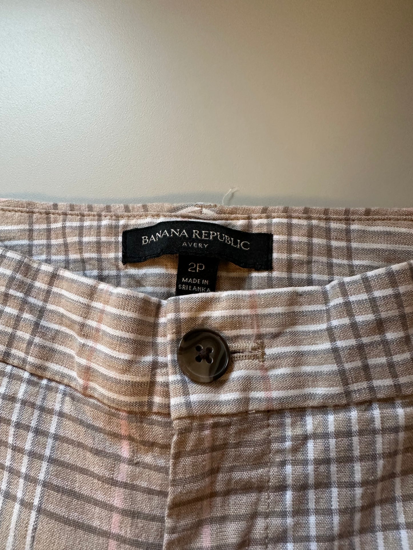 Banana Republic - Linen and Cotton Plaid Ankle Pants in Tan and Gray | Size 2P