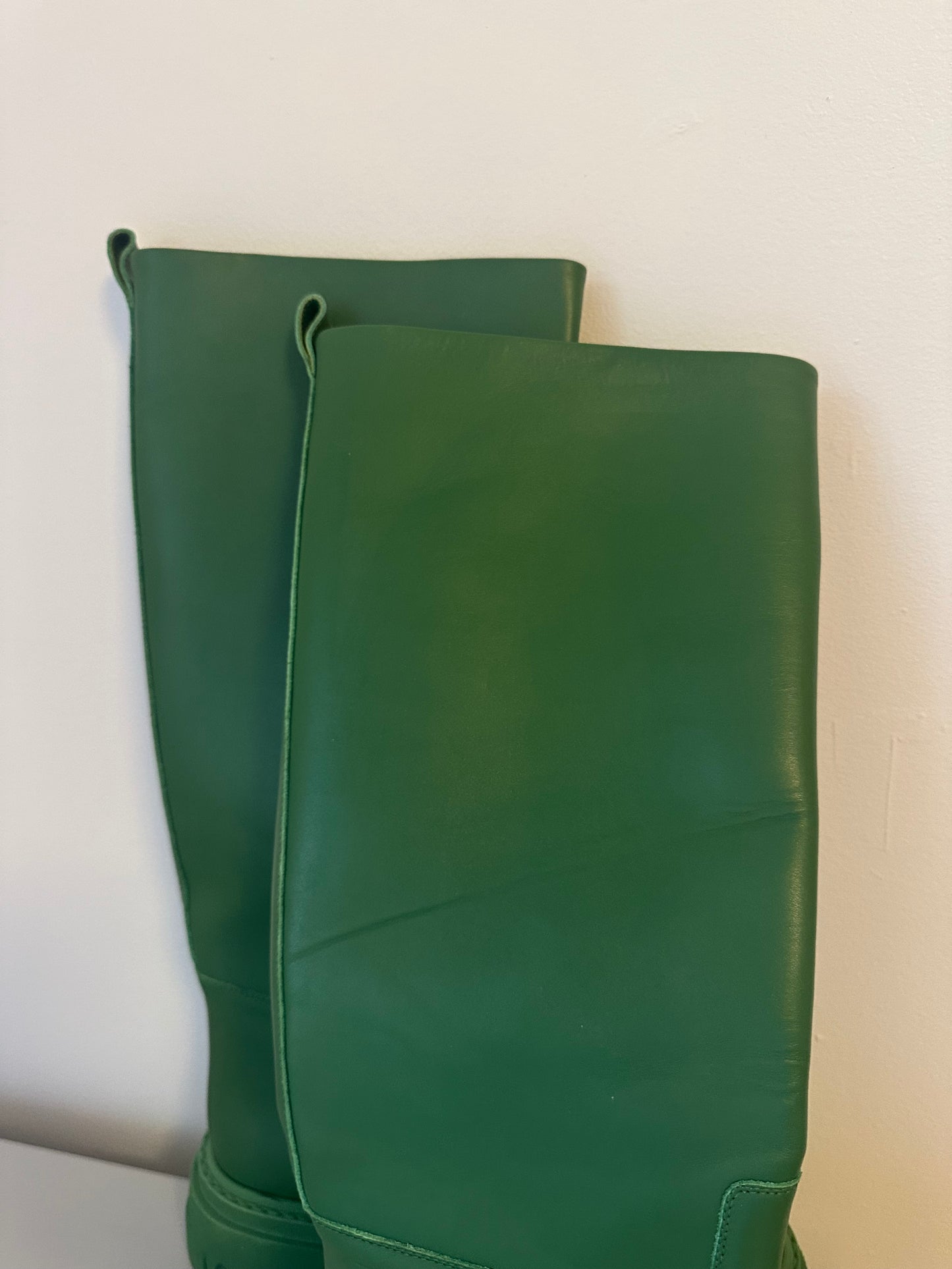 Gia Borghini x Pernille Tall Green Leather Knee High Rain Boots | Size 38.5